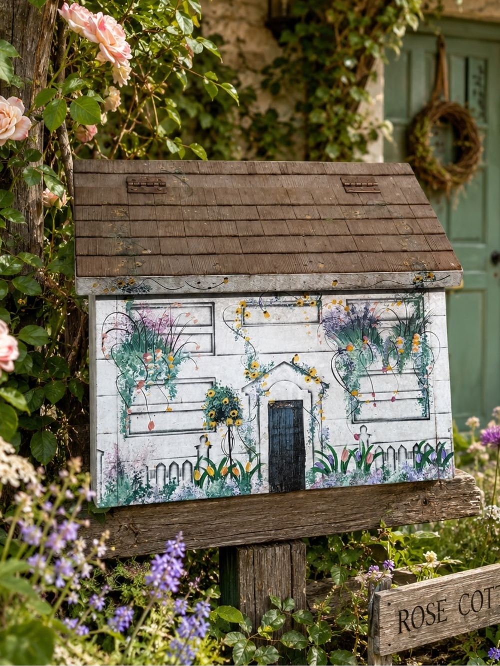 Vintage Hand Painted Cottage House Wall Mount Mailbox Wood Floral Garden Decor